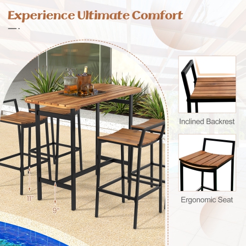 Costway 5 PCS Acacia Wood Bar Table Set Outdoor Bar Height Table & Chairs with Metal Frame
