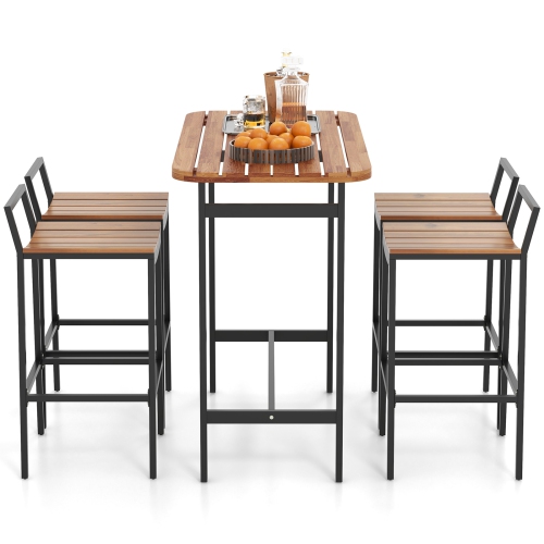 Costway 5 PCS Acacia Wood Bar Table Set Outdoor Bar Height Table & Chairs with Metal Frame