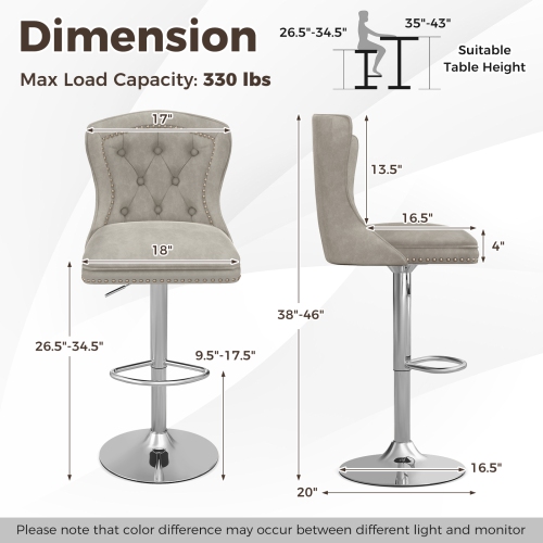 Costway Set of 2 Bar Chairs Dutch Velvet Bar Stool with Footrest Metal Base Anti-Slip Ring