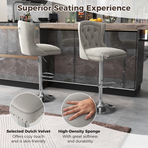 Costway Set of 2 Bar Chairs Dutch Velvet Bar Stool with Footrest Metal Base Anti-Slip Ring