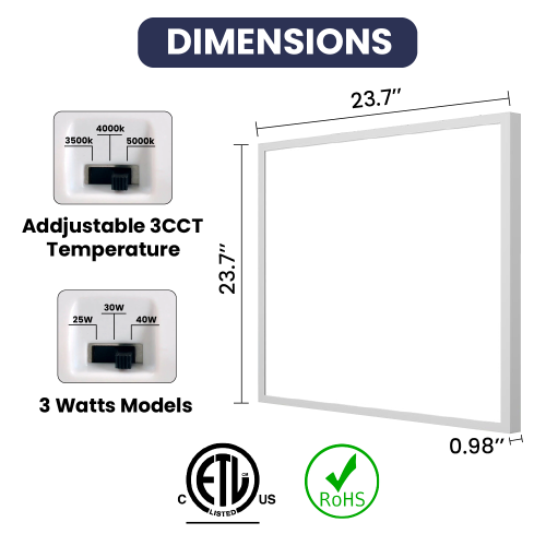 2x2 LED Flat Panel Light, 3-Way CCT 3500K-4000K-5000K Adjustable Back-Lit LED Panel, Pre-Select Wattage 25W-30W-40W, Dimming 0-10V, 5000LM Light,