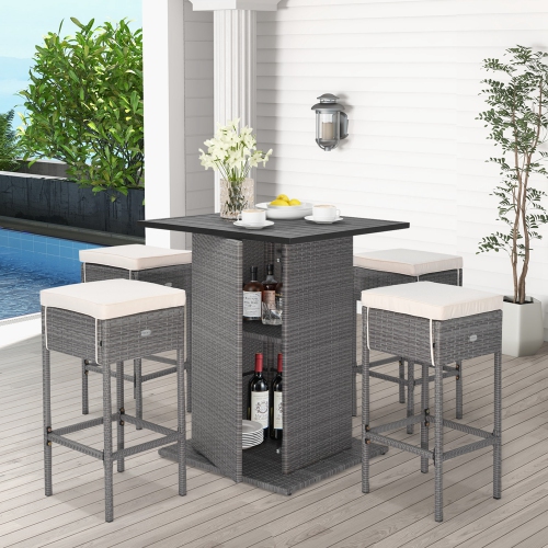 COSTWAY  5 PCs Outdoor Wicker Bar Table Set With Hidden Storage Shelves Bar Table Stools