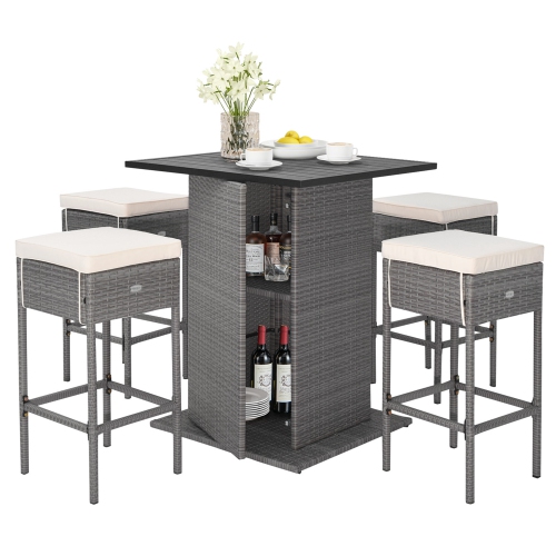 Costway 5 PCS Outdoor Wicker Bar Table Set with Hidden Storage Shelves Bar Table Stools