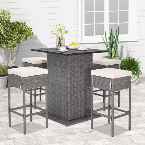 Costway 5 PCS Outdoor Wicker Bar Table Set with Hidden Storage Shelves Bar Table Stools