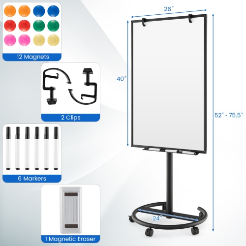 Costway Mobile Whiteboard 40" x 26" Height Adjustable Magnetic Dry Erase Board with Stand