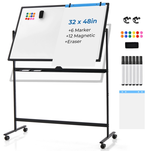 Costway 32 x 48" Portable Rolling White Board Reversible Dry Erase Board with Black Markers