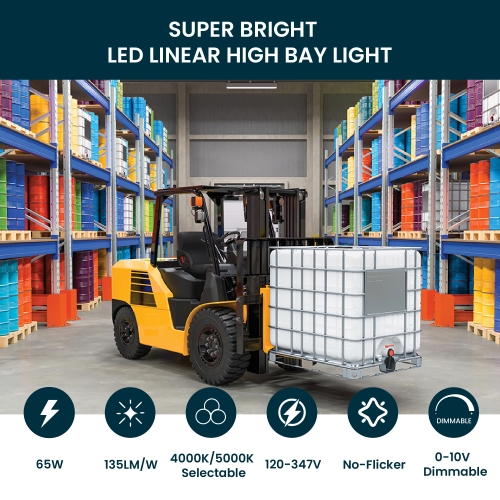 2FT LED Linear High Bay Lights Dimmable, 105W/85W/65W Power Selectable, 135LM/W, 4000K/5000K CCT Adjustable, Includes V Hooks, 10ft Cord, Ideal for