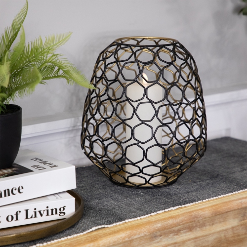 Small Geometric Cage Iron Pillar Candle Holder - 11" - Black and Gold