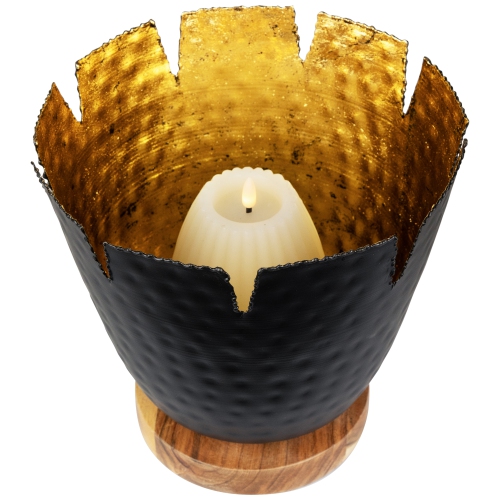 Iron and Foil Pillar Candle Holder with Wooden Base - 9.25" - Black and Gold