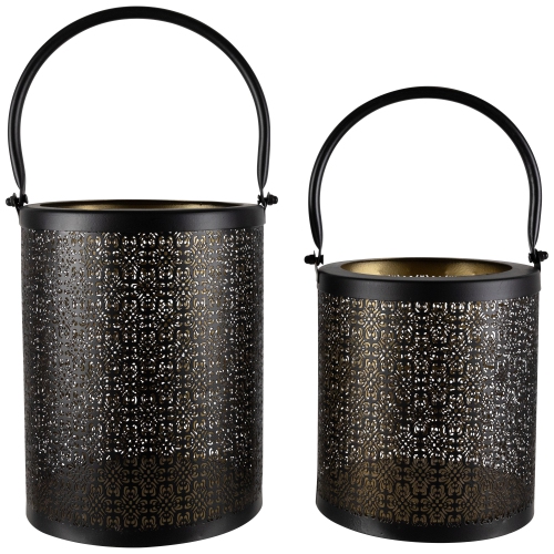Laser-Cut Design Iron Candle Holders with Handles - 9.5" - Black - Set of 2