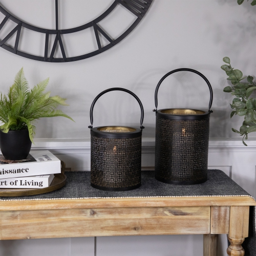 Laser-Cut Design Iron Candle Holders with Handles - 9.5" - Black - Set of 2