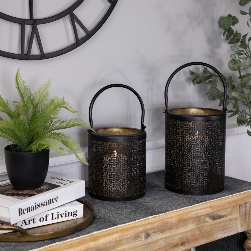 Laser-Cut Design Iron Candle Holders with Handles - 9.5" - Black - Set of 2