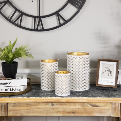 Laser-Cut Iron Candle Holders with Handles - 10" - White and Gold - Set of 3