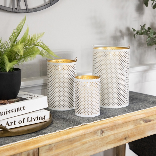 Laser-Cut Iron Candle Holders with Handles - 10" - White and Gold - Set of 3