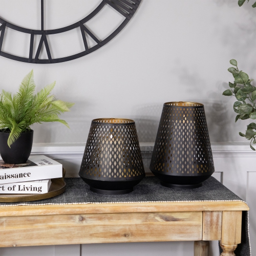 Large Laser-Cut Votive Candle Holder - 11" - Black and Gold Finish