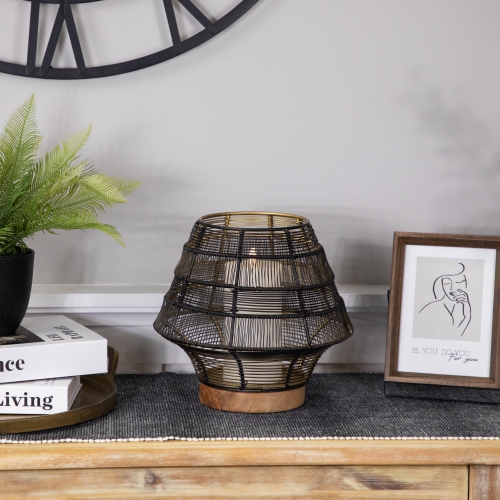 Large Woven Iron Pillar Candle Holder with Wood Base - 9.25" - Black