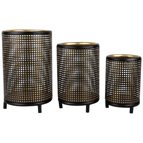 Iron Grid Pillar Candle Holders - 12" - Black and Gold Finish - Set of 3