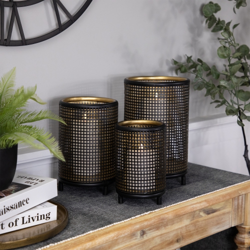 Iron Grid Pillar Candle Holders - 12" - Black and Gold Finish - Set of 3