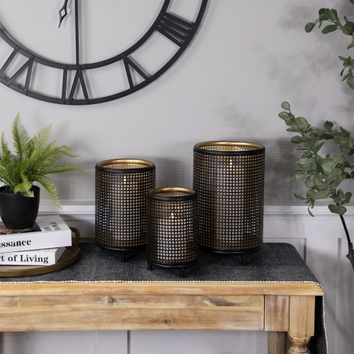 Iron Grid Pillar Candle Holders - 12" - Black and Gold Finish - Set of 3
