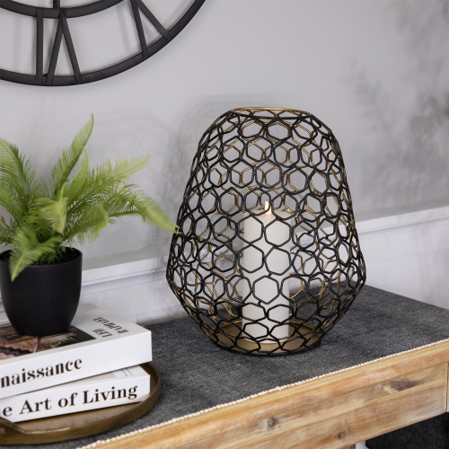 Grand porte-bougie cylindrique cage géométrique en fer - 14,25 po - Noir et doré