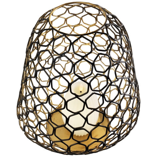 Grand porte-bougie cylindrique cage géométrique en fer - 14,25 po - Noir et doré