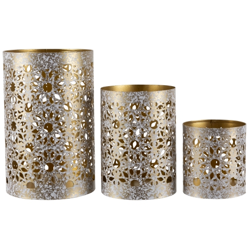 Laser-Cut Iron Votive Candle Holders - 6.25" - White and Gold Finish - Set of 3