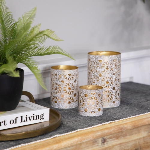 Laser-Cut Iron Votive Candle Holders - 6.25" - White and Gold Finish - Set of 3