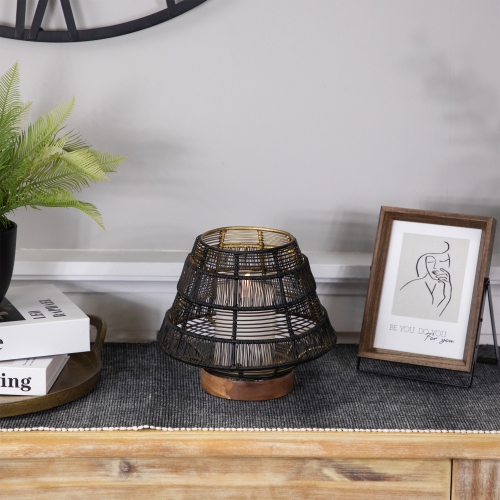 Small Woven Iron Pillar Candle Holder with Wooden Base - 7.25" - Black