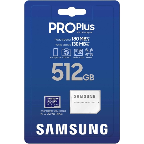 Samsung PRO Plus microSD Card + SD Adapter 512GB for Mobile Gaming on Smartphones, Tablets and Handheld Consoles, UHS-I U3, Full HD & 4K UHD, 180MB/s