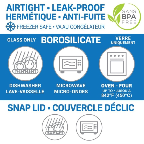 EraWare - Set of 3 Borosilicate Glass Containers, Airtight and Leak-proof, Oven Safe, 320 ml