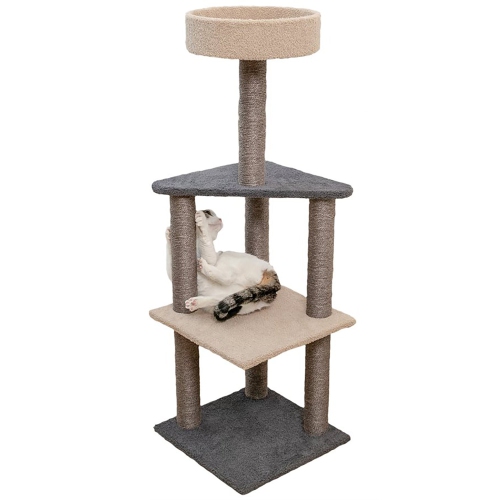 Animoos – Arbre à 4 niveaux recouvert de tapis pour chats, hauteur de 46 po, gris et beige