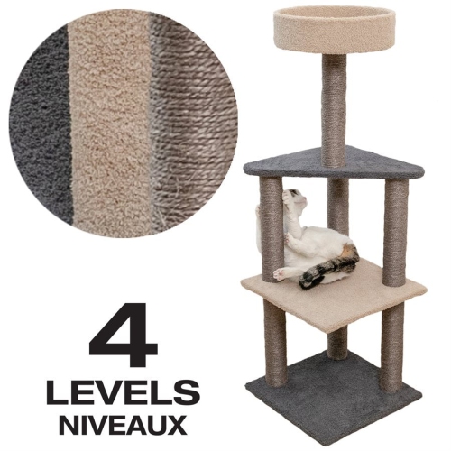 Animoos – Arbre à 4 niveaux recouvert de tapis pour chats, hauteur de 46 po, gris et beige