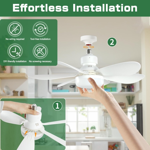 Socket Screw-in Ceiling Fan with Light and Remote - 20.5" 3-Speed Fan, Dimmable LED, E26 Base - Ideal for Kitchen, Bedroom, and Small Spaces