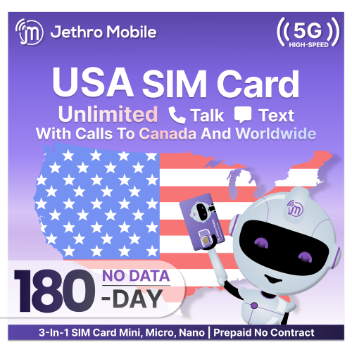 Jethro Mobile Prepaid USA Travel SIM card, Unlimited Talk and Text in the US and to Canada, No Contract, 6 Months