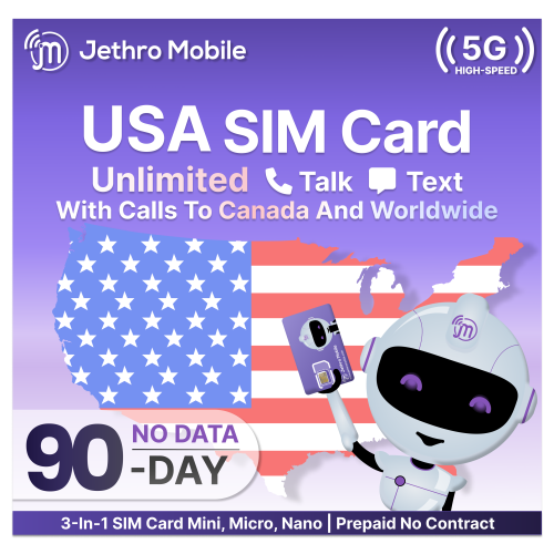 JETHRO MOBILE  Prepaid Usa Travel Sim Card, Unlimited Talk And Text In The Us And to Canada, No Contract, 3 Months