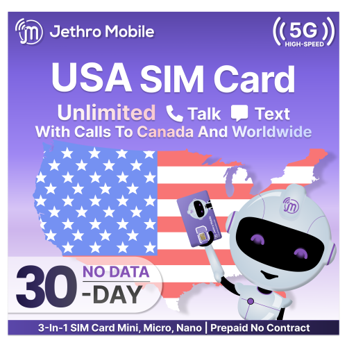 Jethro Mobile Prepaid USA Travel SIM card, Unlimited Talk and Text in the US and to Canada, No Contract, 1 Month
