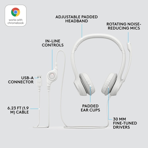 Refurbished(Excellent)- Logitech H390 Wired Headset with Noise Cancelling Microphone - Off-White