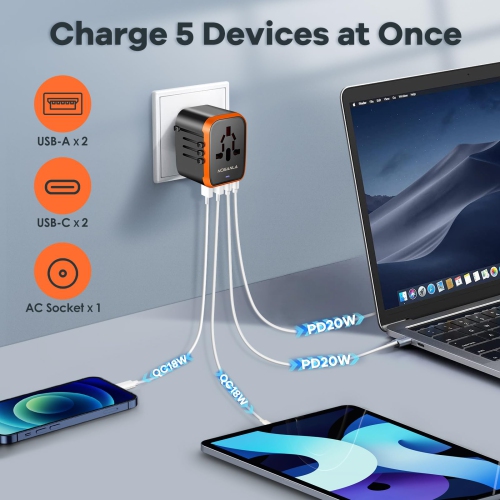 Universal Travel Adapter with 2 USB-C & 2 USB-A Ports, International Plug Charger for 200+ Countries, All-in-One for US EU UK AU Asia, for iPhone,