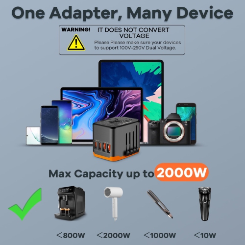 Universal Travel Adapter with 2 USB-C & 2 USB-A Ports, International Plug Charger for 200+ Countries, All-in-One for US EU UK AU Asia, for iPhone,