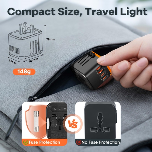 Universal Travel Adapter with 2 USB-C & 2 USB-A Ports, International Plug Charger for 200+ Countries, All-in-One for US EU UK AU Asia, for iPhone,