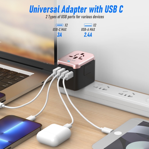 Universal International Power Travel Plug Adapter, 5 in 1 European Travel Plug Adapter W/ 3.5A 2xUSB-A and 2xUSB C Wall Charger and Worldwide AC