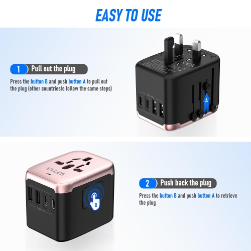 Universal International Power Travel Plug Adapter, 5 in 1 European Travel Plug Adapter W/ 3.5A 2xUSB-A and 2xUSB C Wall Charger and Worldwide AC