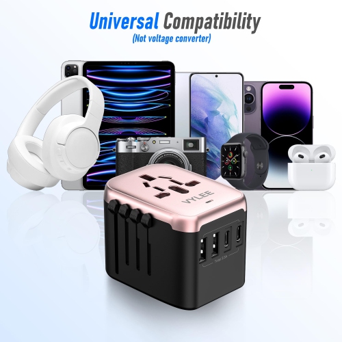Universal International Power Travel Plug Adapter, 5 in 1 European Travel Plug Adapter W/ 3.5A 2xUSB-A and 2xUSB C Wall Charger and Worldwide AC