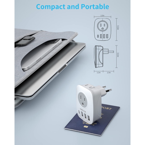 Suisse – Adaptateur de voyage suisse VINTAR de type J avec 1 ports USB-C, 2 prises américaines et 3 ports USB, adaptateur d’alimentation 6 en 1 pour
