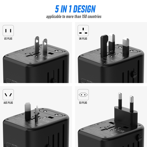 Universal International Power Travel Plug Adapter, 5 in 1 European Travel Adapter W/ 3.5A 2xUSB-A and 2xUSB C Wall Charger and Worldwide AC Outlet