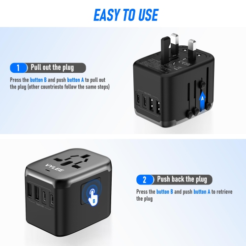 Universal International Power Travel Plug Adapter, 5 in 1 European Travel Adapter W/ 3.5A 2xUSB-A and 2xUSB C Wall Charger and Worldwide AC Outlet