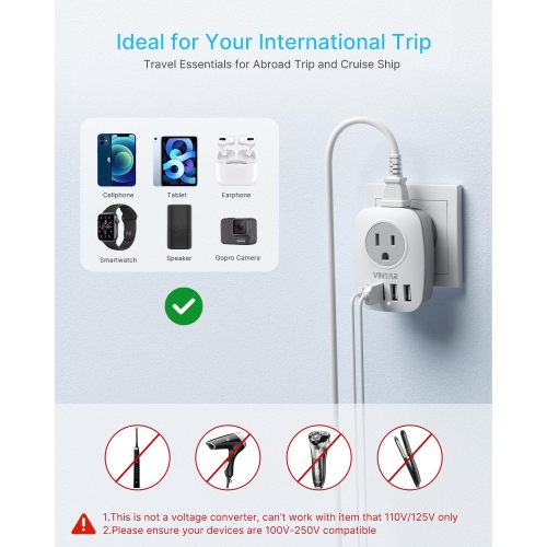 Brazil Adapter Plug,VINTAR Type N Plug Adapter with 1 USB C,3 USB Ports and 2 American Outlets,6 in 1 Brazil Power Adapter for Canada to Brazil
