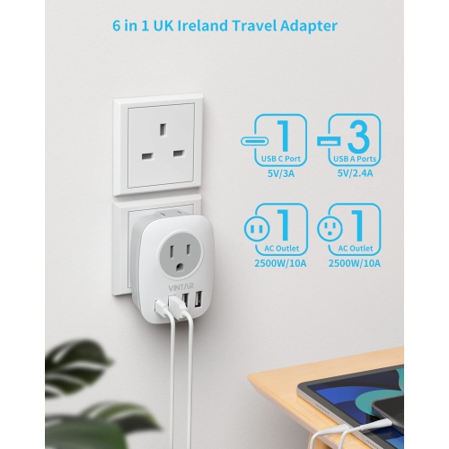 UK Ireland – Adaptateur de prise de voyage, VINTAR Canada vers UK, 1 USB C, 2 prises américaines et 3 ports USB, adaptateur d’alimentation