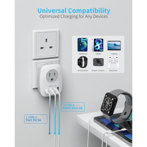 UK Ireland – Adaptateur de prise de voyage, VINTAR Canada vers UK, 1 USB C, 2 prises américaines et 3 ports USB, adaptateur d’alimentation