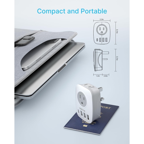 UK Ireland – Adaptateur de prise de voyage, VINTAR Canada vers UK, 1 USB C, 2 prises américaines et 3 ports USB, adaptateur d’alimentation